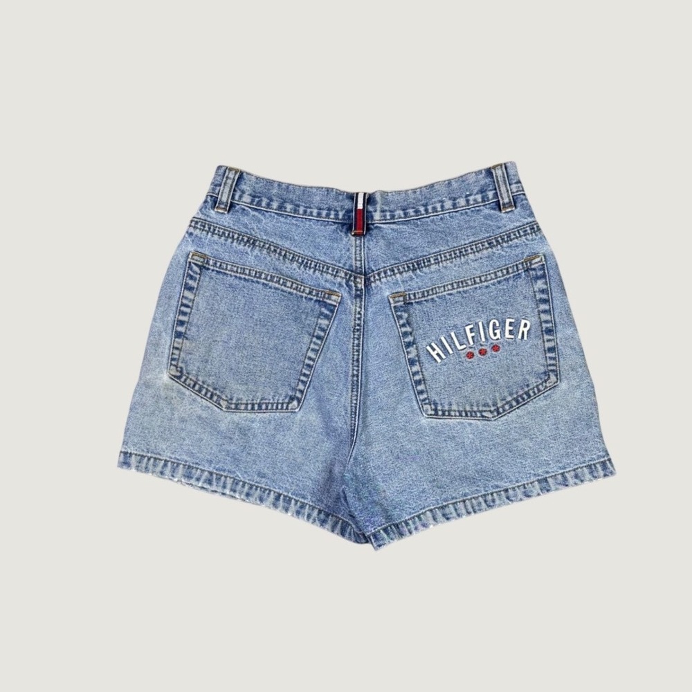 Vintage Tommy Hilfiger High Waisted Denim Shorts Light Wash Spellout Logo 12/30